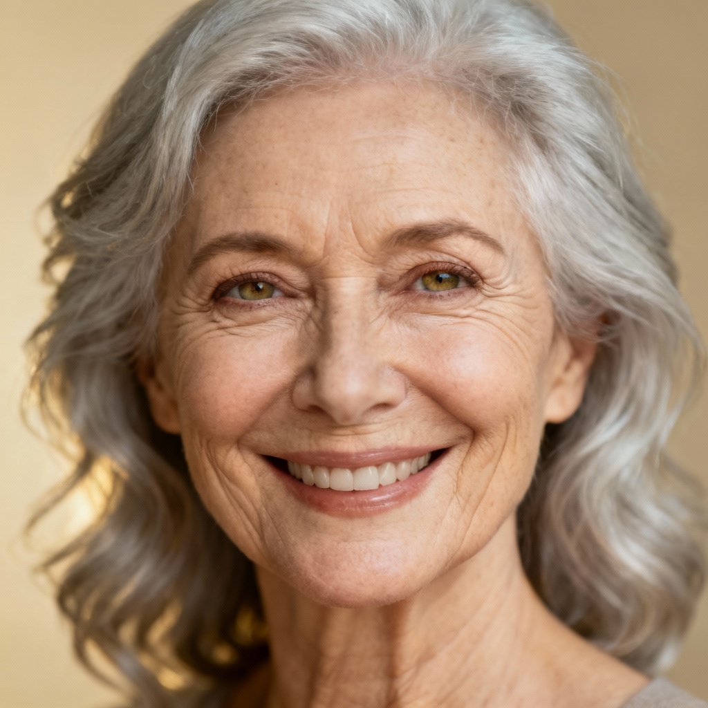 AI old lady portrait with silver hair and soft studio lighting