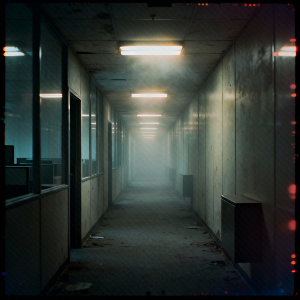 AI generated creepy liminal corridor with fog and flickering lights