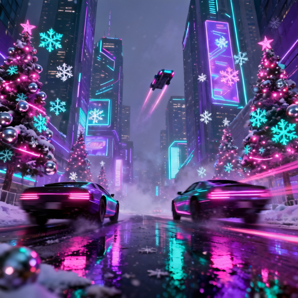 AI Cyber neon Christmas city background