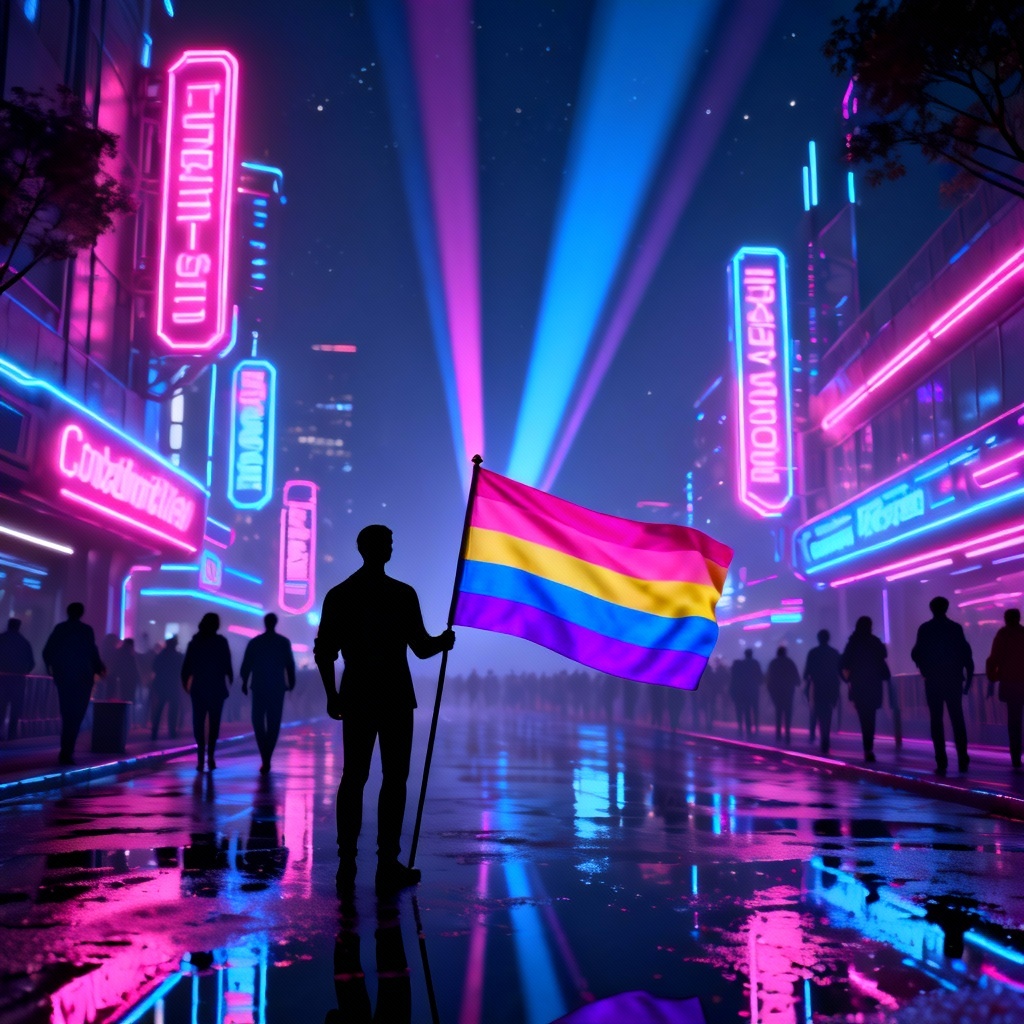 Neon cyberpunk pride cityscape with flag colors