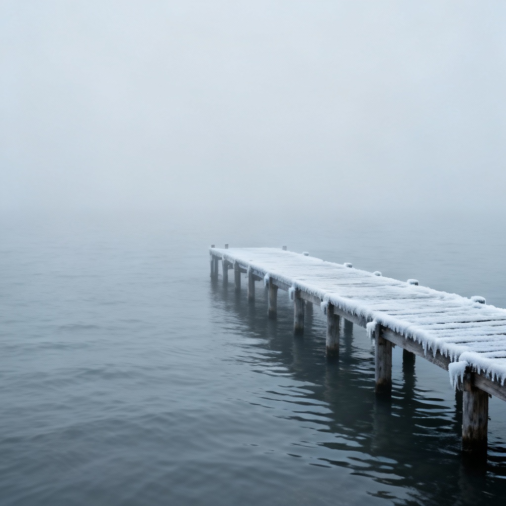 AI minimal cold ocean with frozen pier and fog
