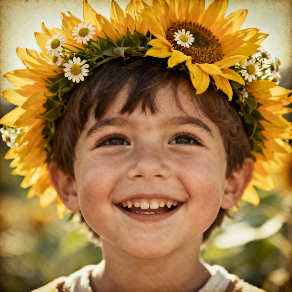 AI child portrait with sunflower and chamomile crown