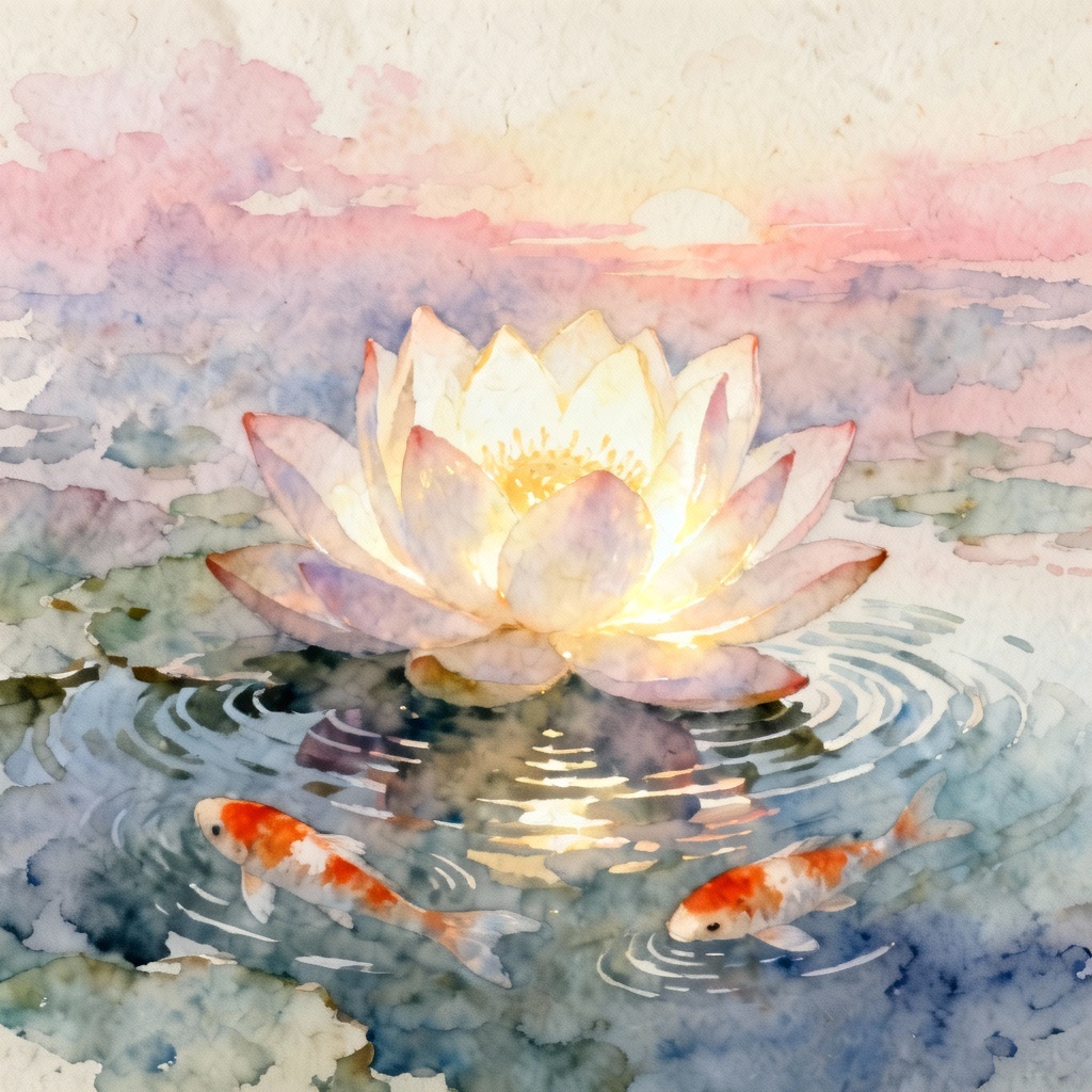Watercolor lotus at dawn with koi ripples