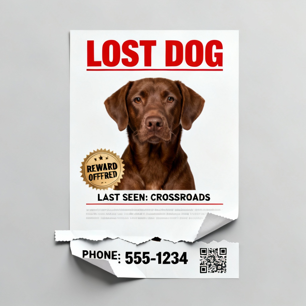 AI lost dog poster with reward badge and tabs