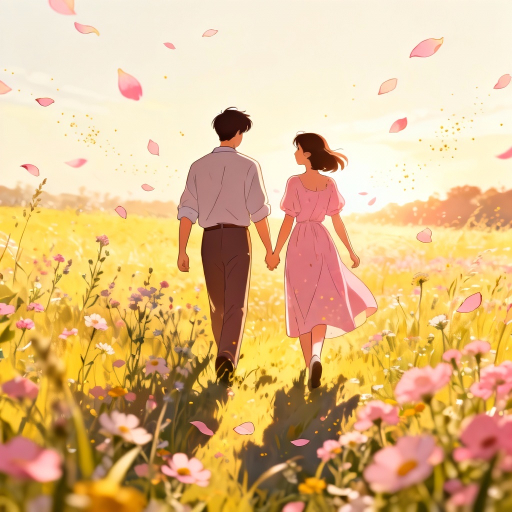 AI animated couple walking through a flower field at golden hour