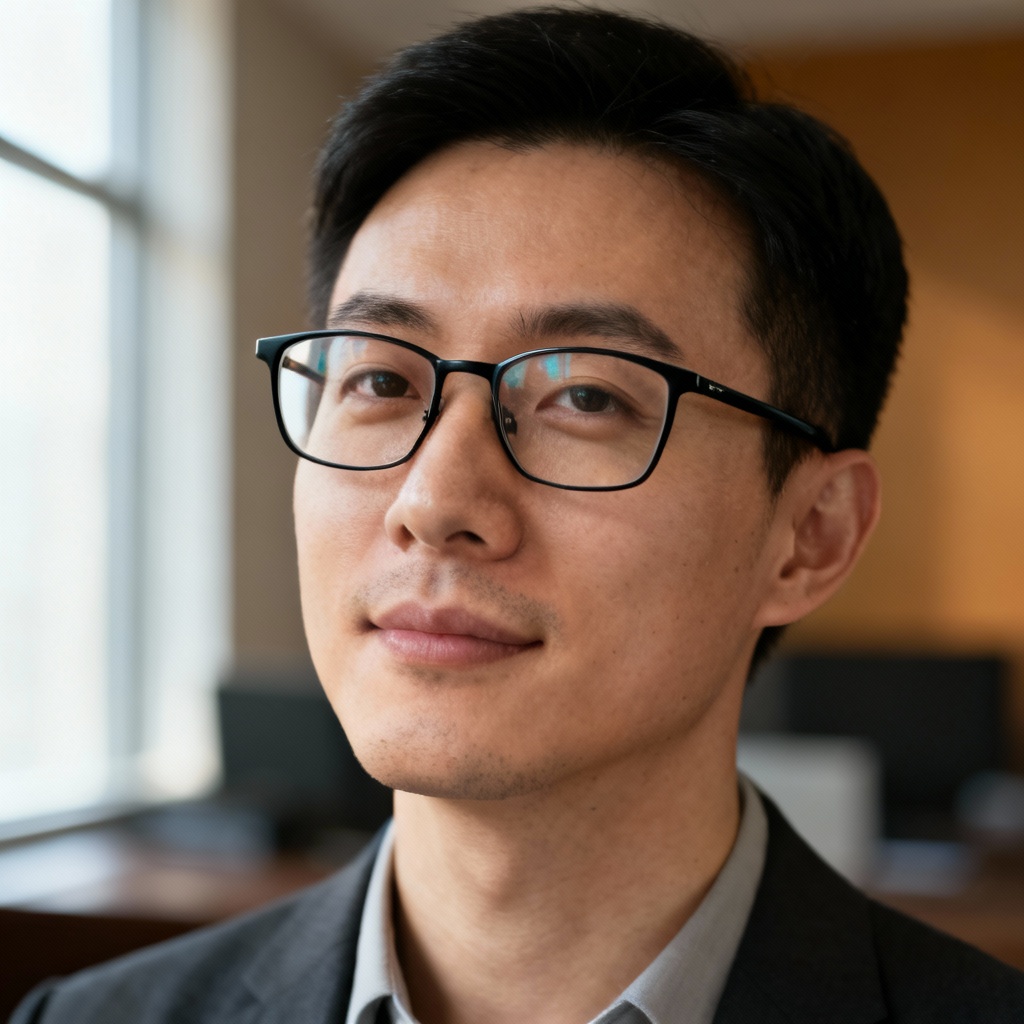 Office portrait with eyeglasses glare removed