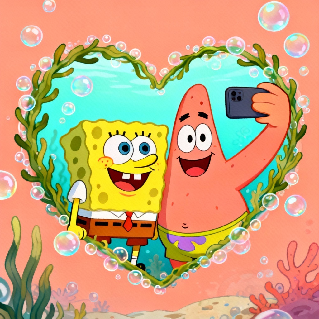 AI Spongebob style couple portrait with seaweed heart