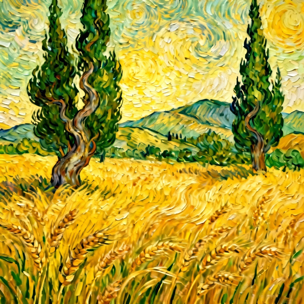 AI Van Gogh style wheatfield landscape with cypress