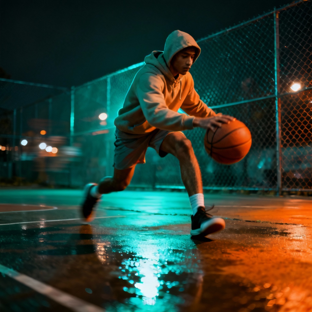 NBA AI streetball night scene with rain reflections