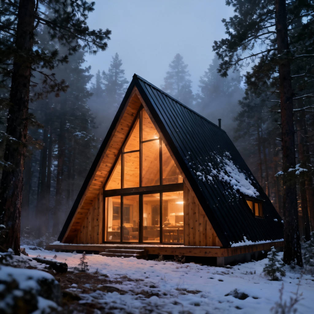 AI generated A-frame cabin at dusk in pine forest