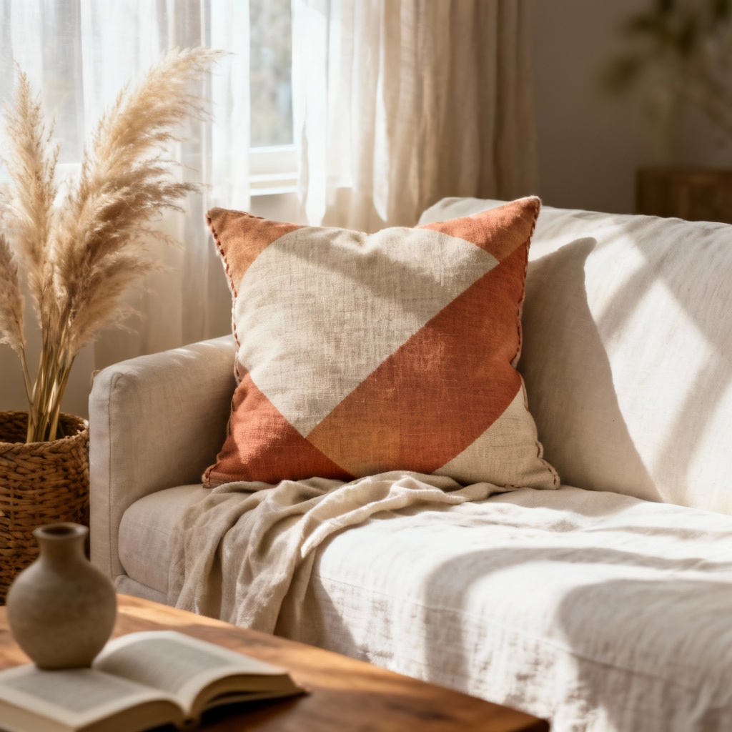 AI generated boho throw pillow mockup on a sofa