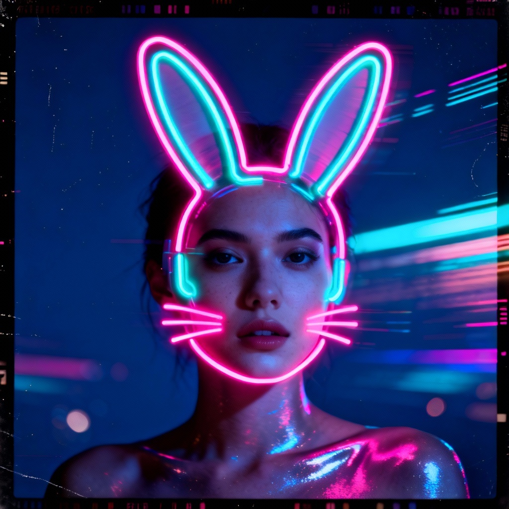 Neon party portrait with glowing bunny ears