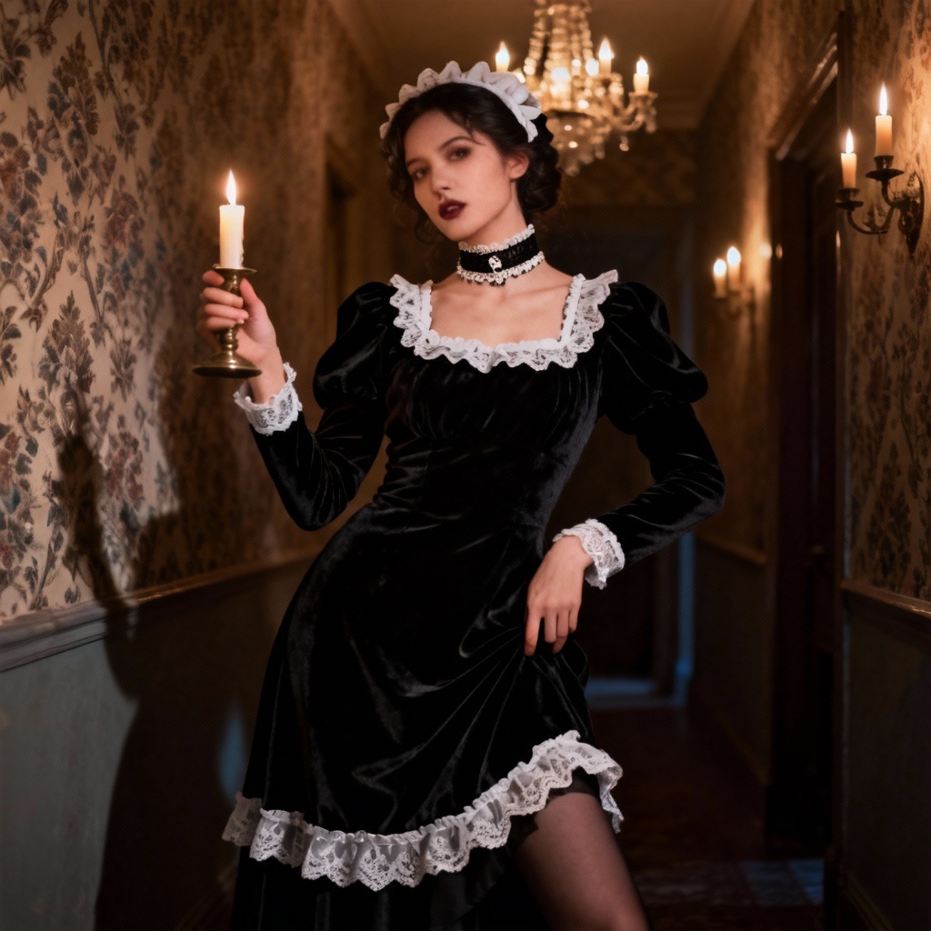 Gothic sexy maid in velvet dress with candlelit ambience
