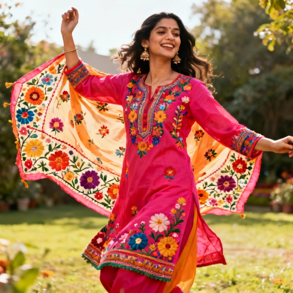 AI Punjabi suit with vibrant phulkari embroidery