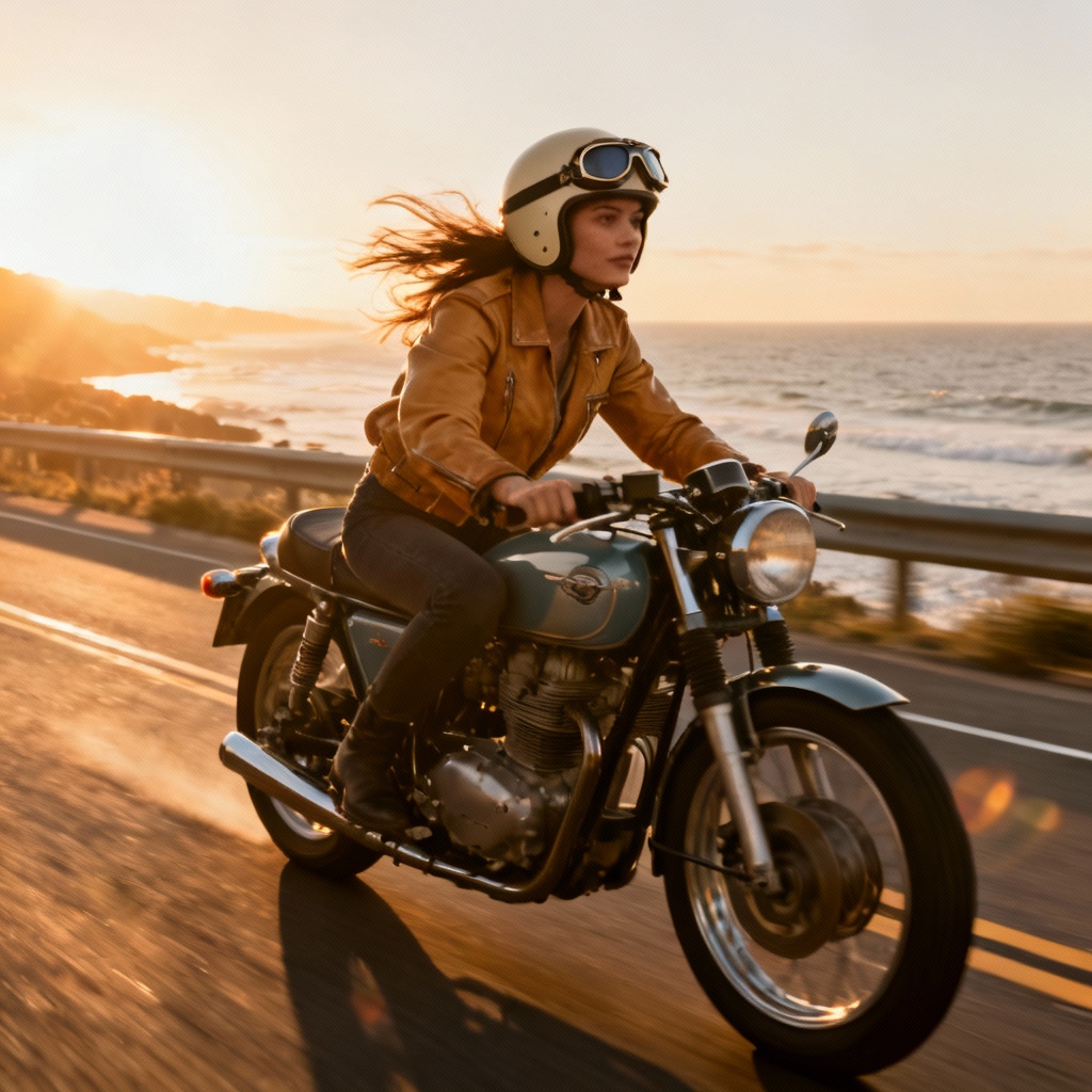 AI cafe racer girl at golden hour