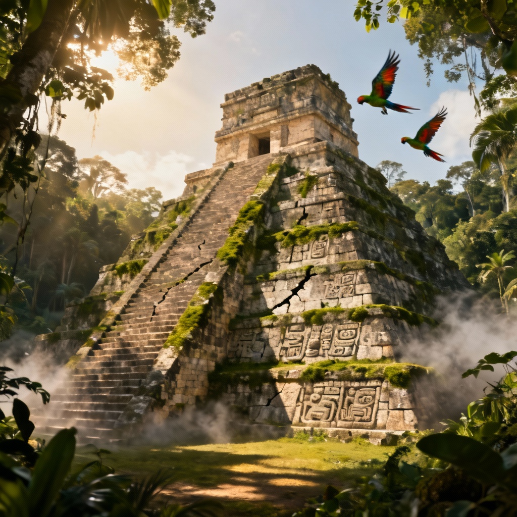 AI Mayan jungle pyramid temple with mossy steps and carvings