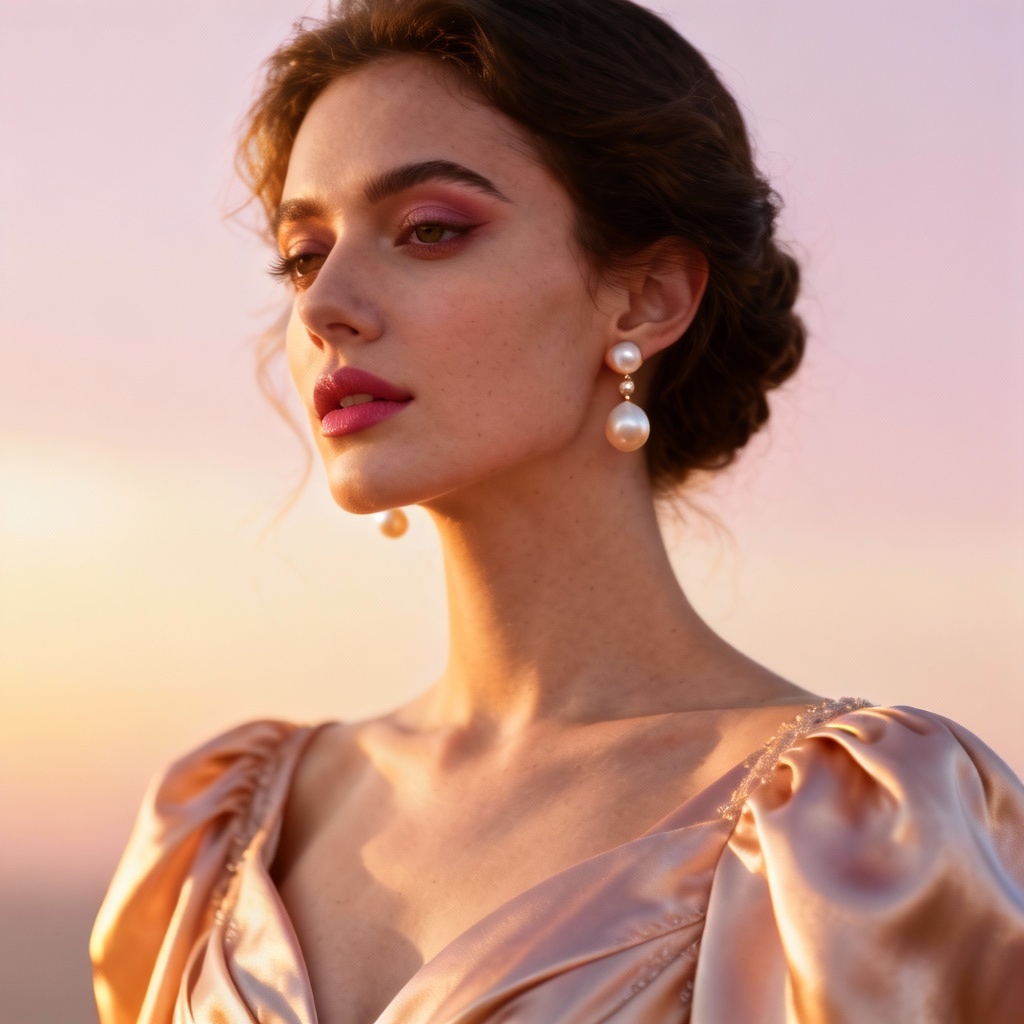 AI elegant woman portrait at golden hour in couture gown