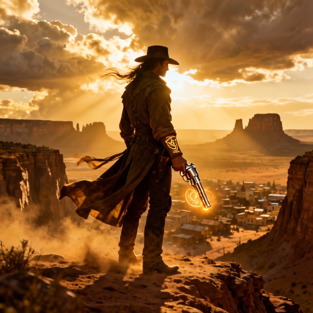 AI western fantasy art of a gunslinger mage at sunset