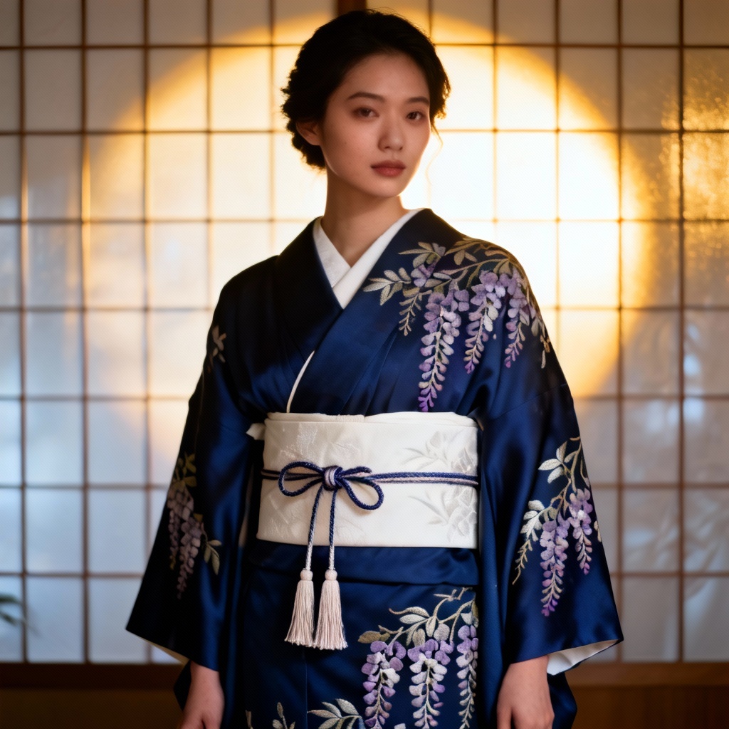 AI kimono traditional attire with wisteria pattern