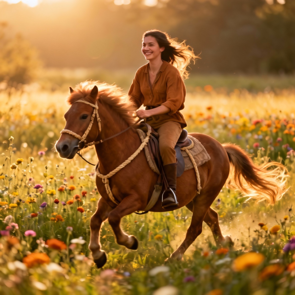 Photorealistic golden hour pony ride in a wildflower meadow