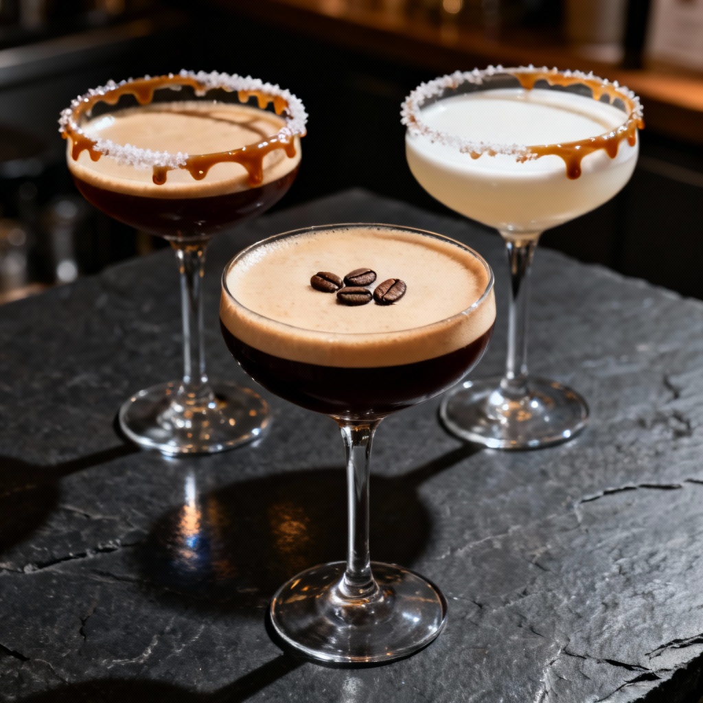 AI image of three espresso martinis with different garnishes