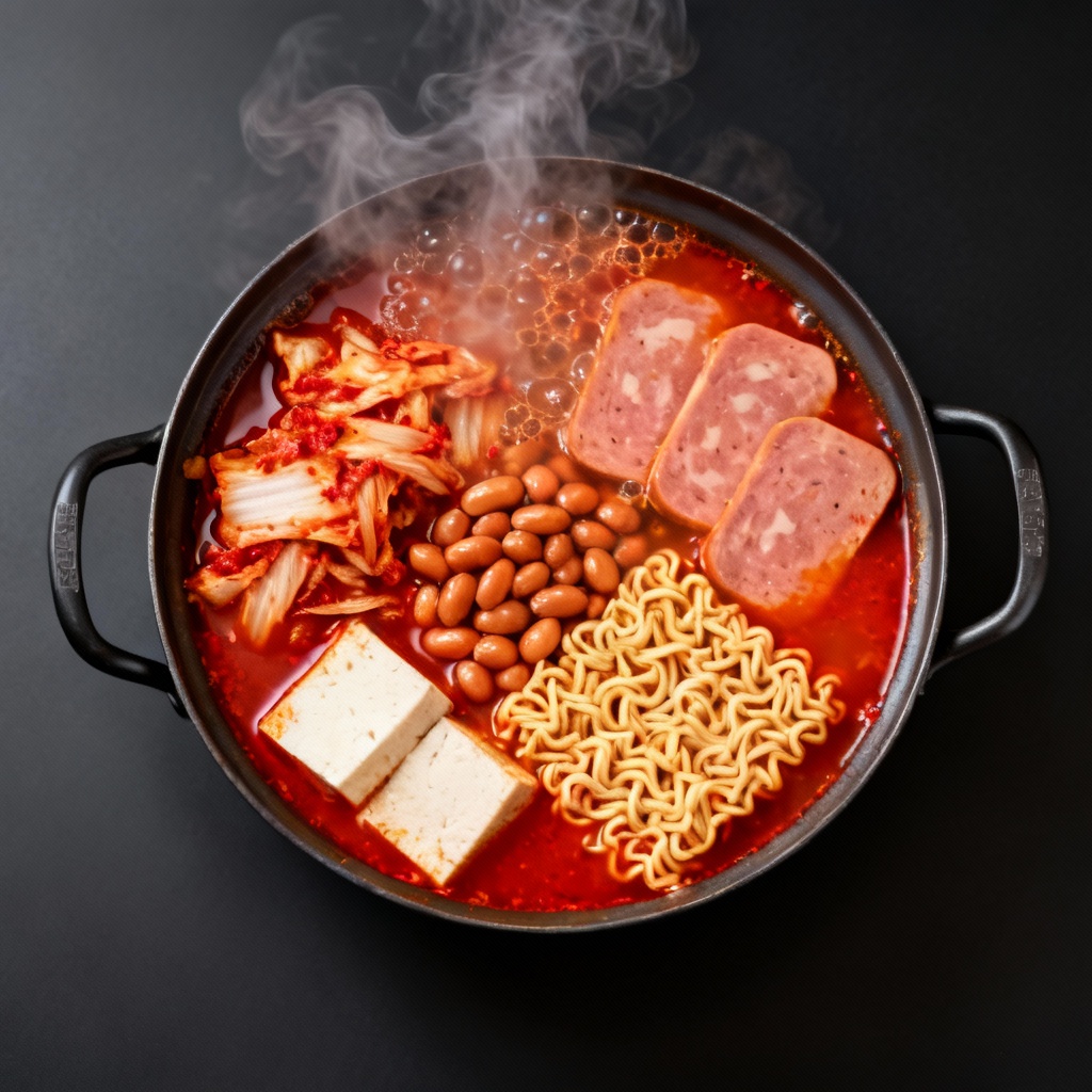 Top-down Korean army stew hotpot with instant noodles