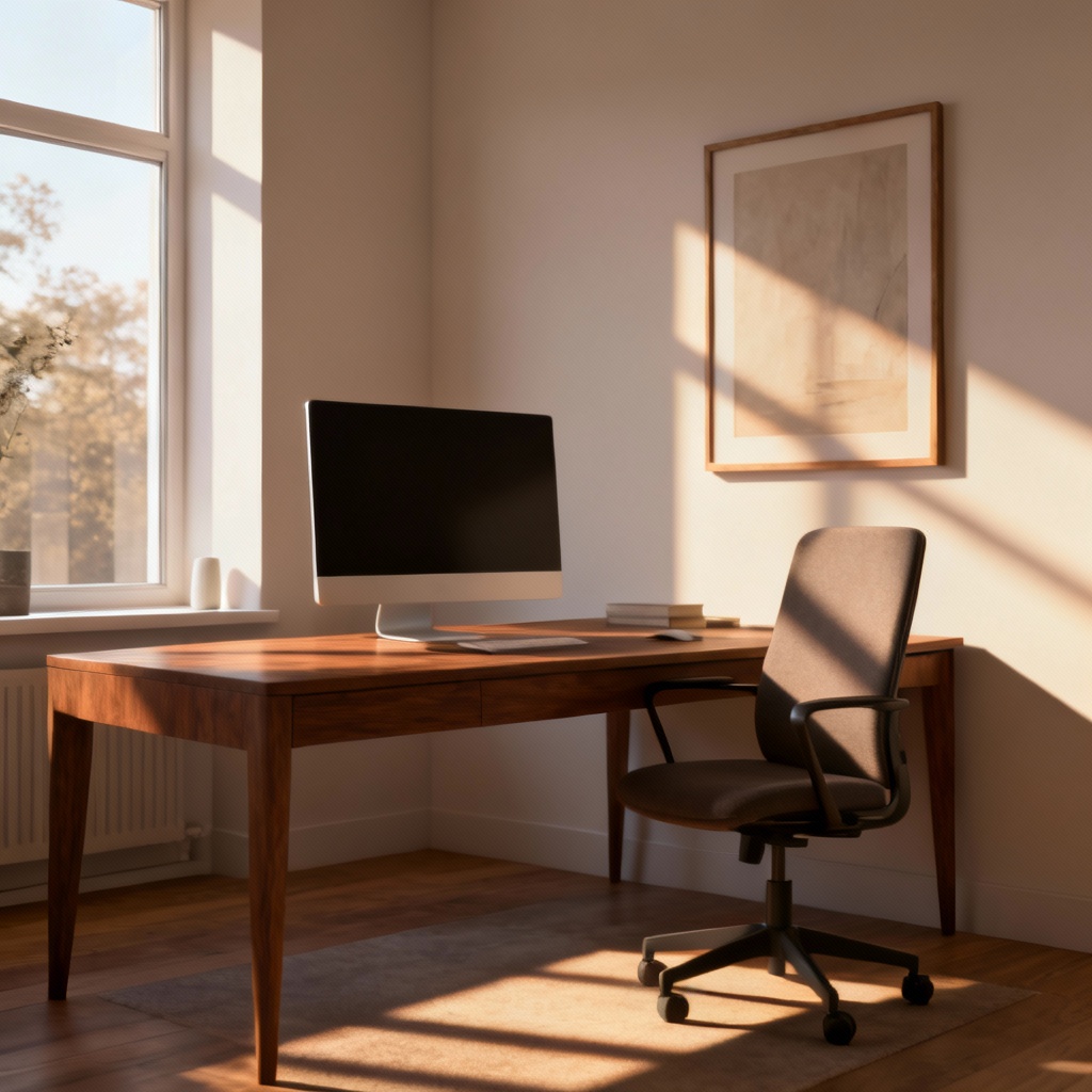 AI sunlit home office with south-facing window and afternoon glow