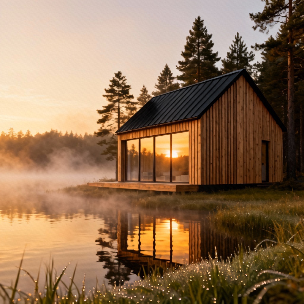AI Scandinavian wooden cabin beside a calm lake at sunrise