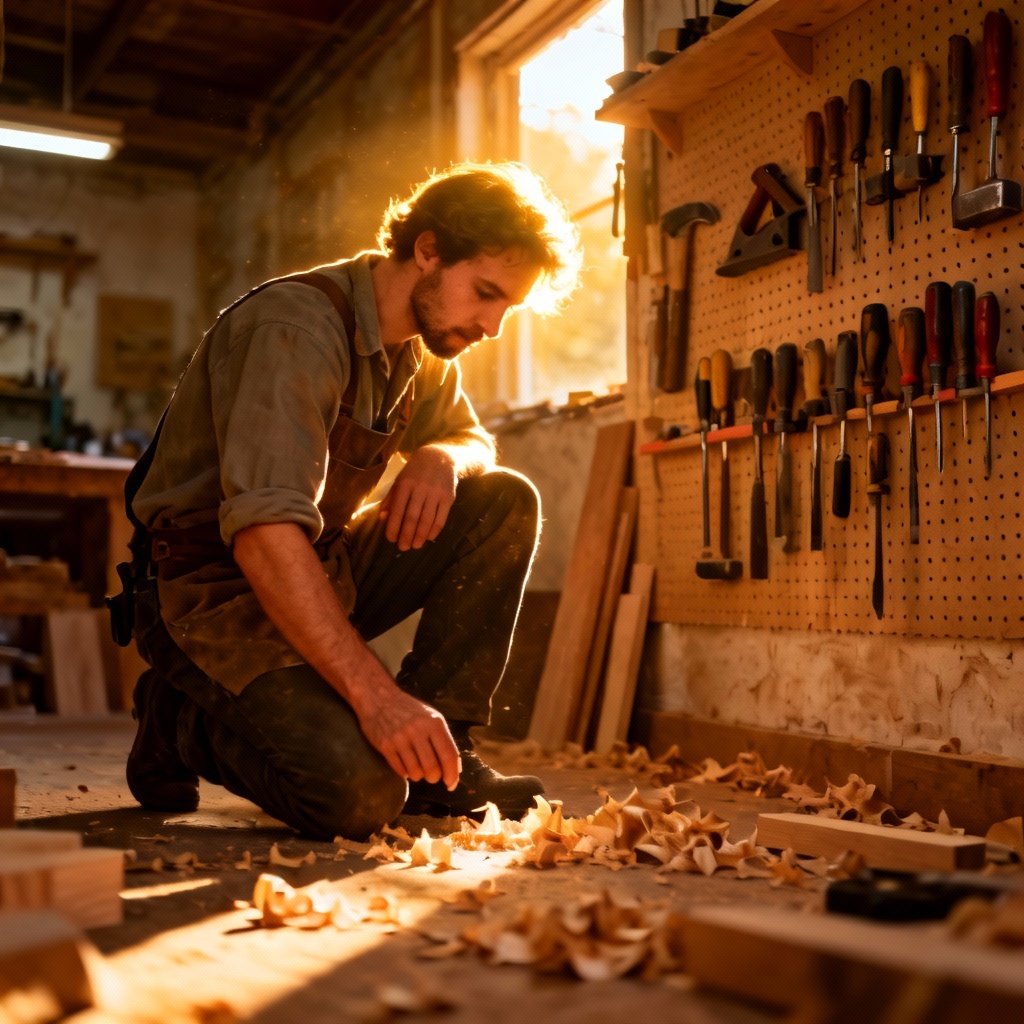 AI craftsman portrait in sunlit woodworking workshop