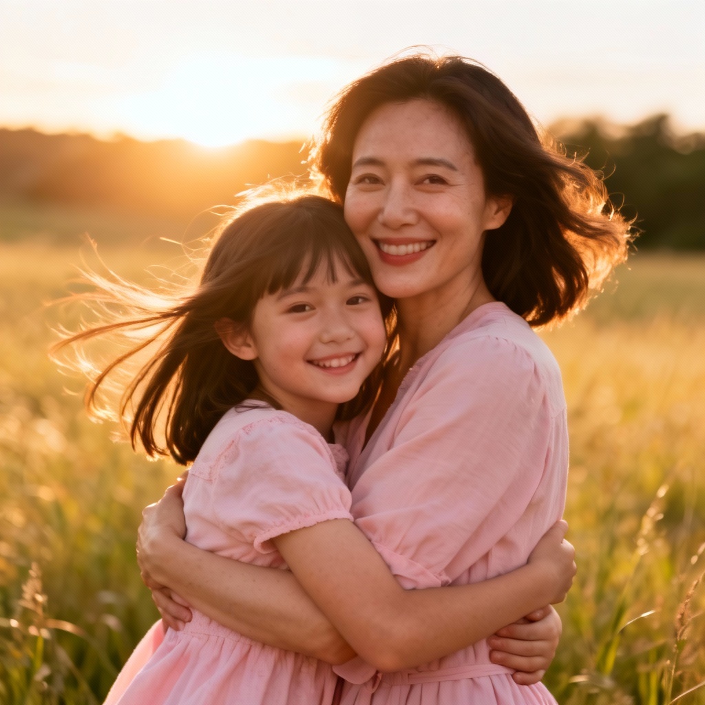 AI mother daughter portrait at sunset