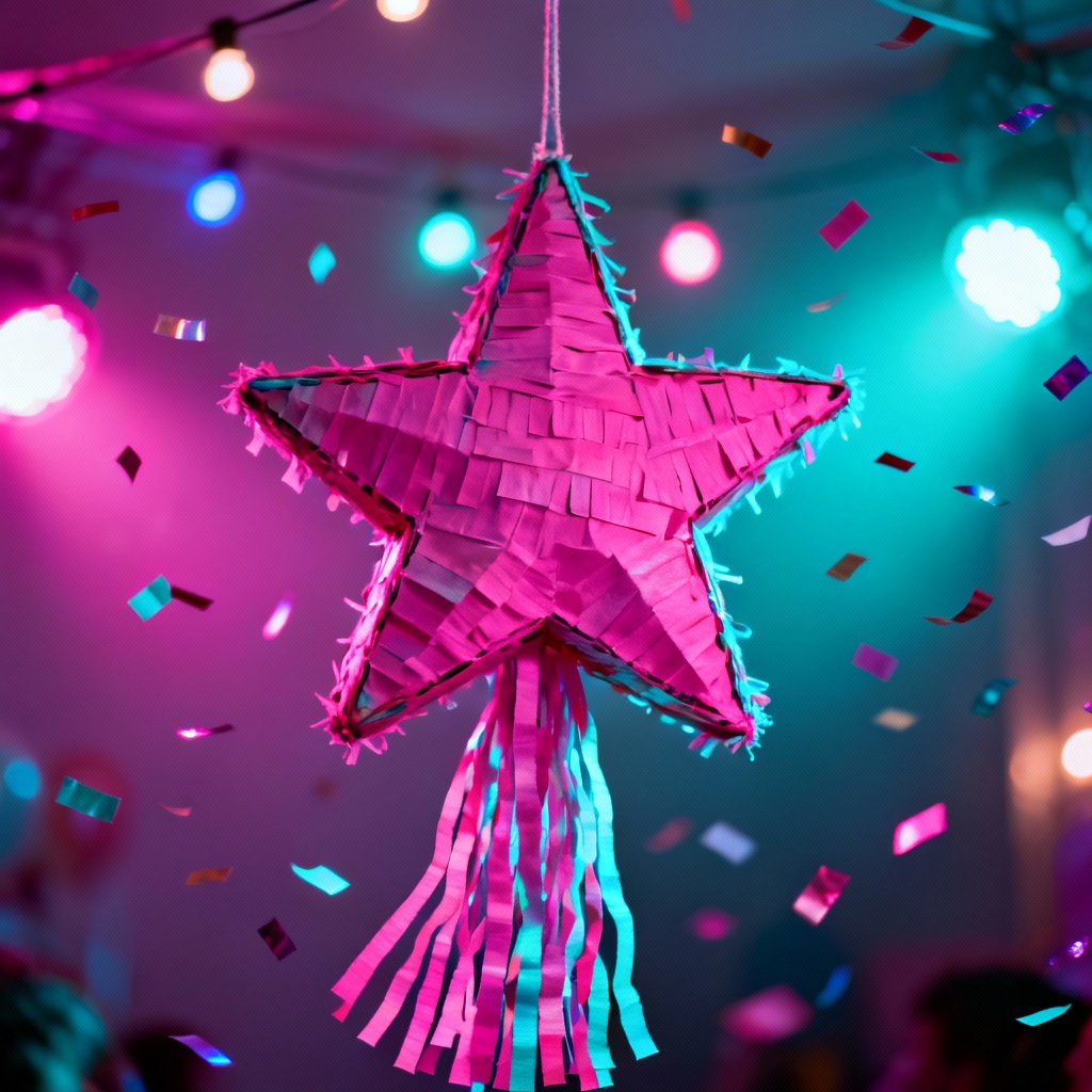 AI-generated neon party star piñata with crepe fringe