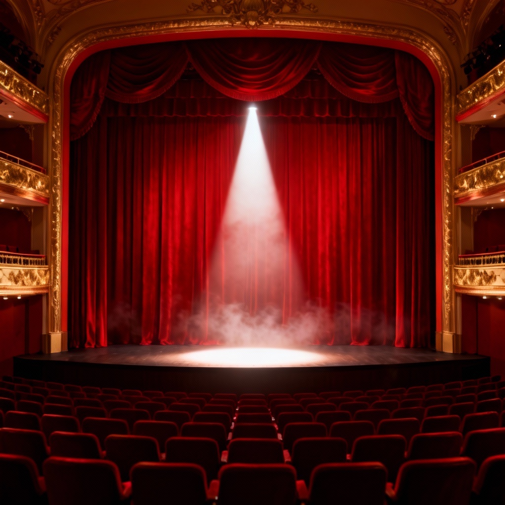 AI Theater Generator hero image of stage with red curtain and spotlight