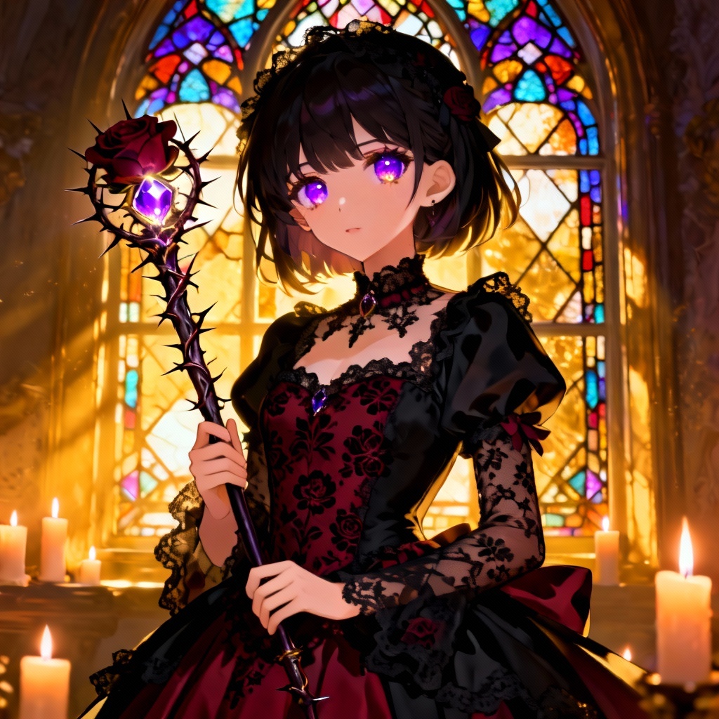 AI gothic magical girl with rose wand in candlelit hall