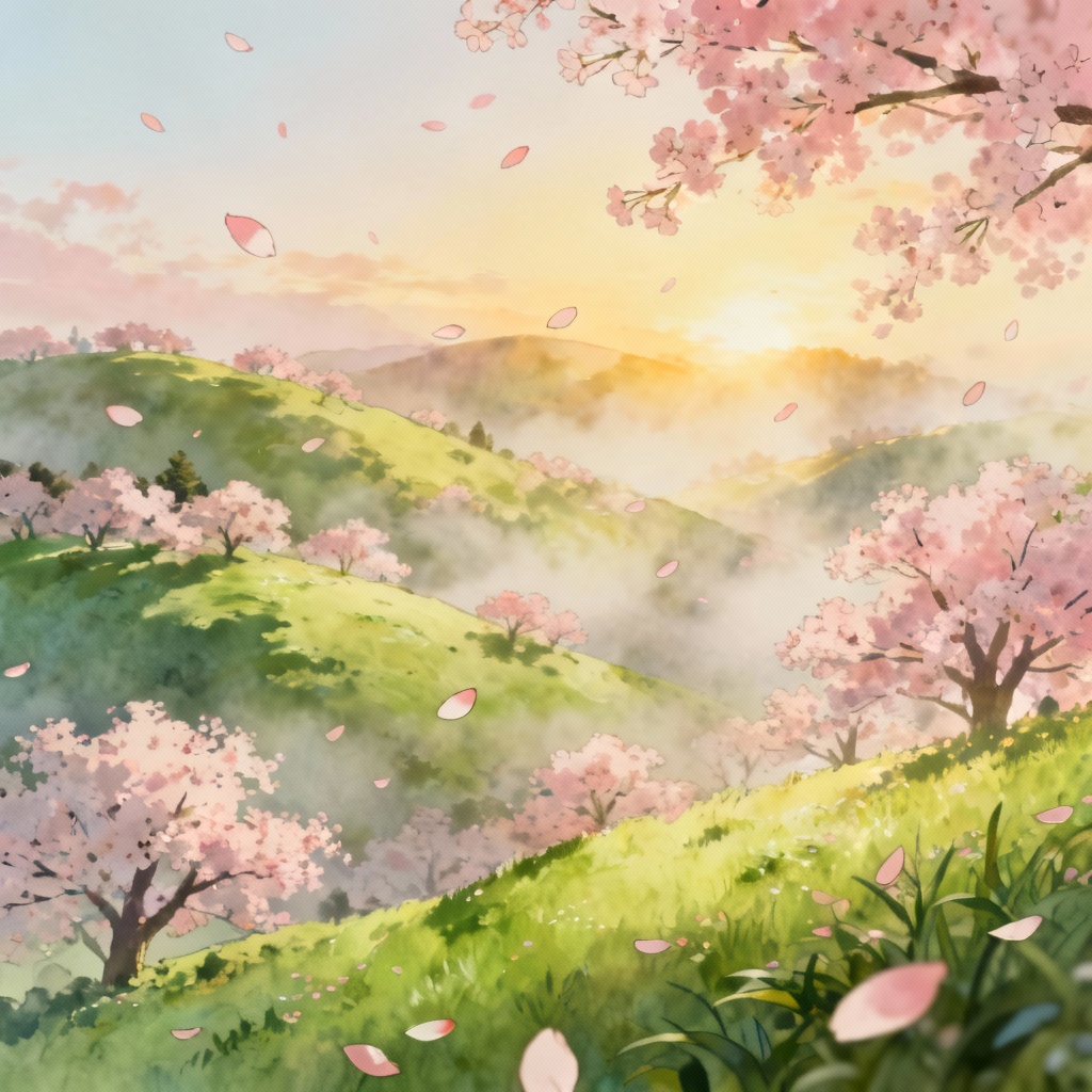 AI pastel spring hillside with cherry blossoms