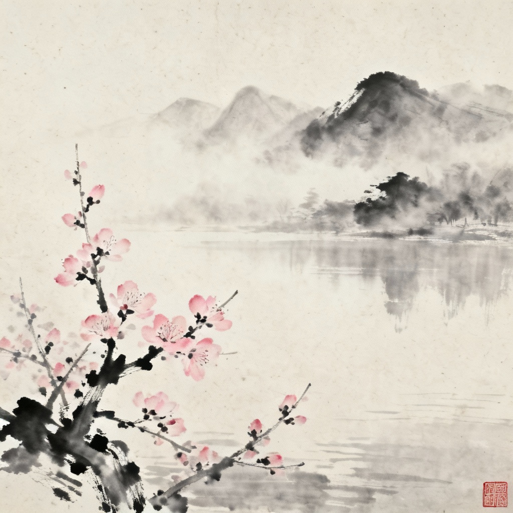 Chinese ink-wash peach blossoms with mountain mist