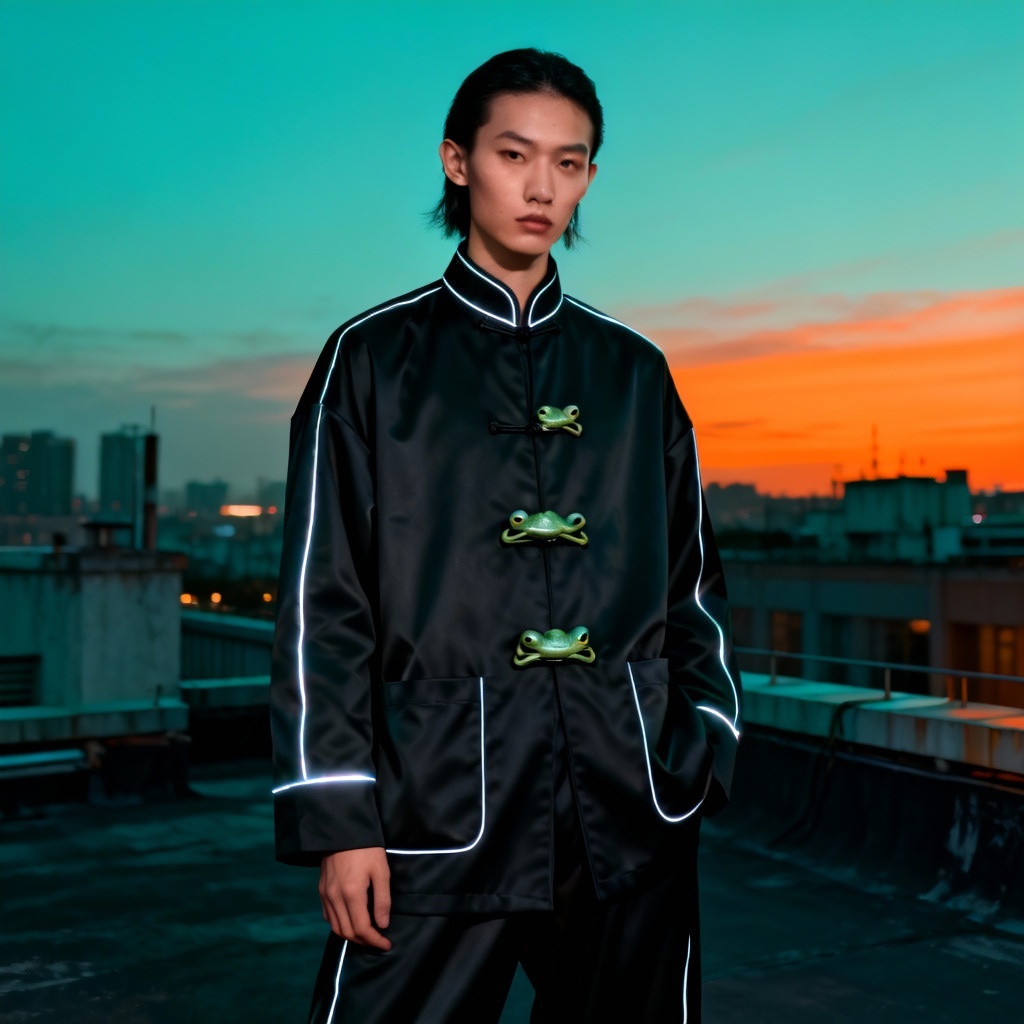 Streetwear Tang fusion jacket with Mandarin collar and reflective piping
