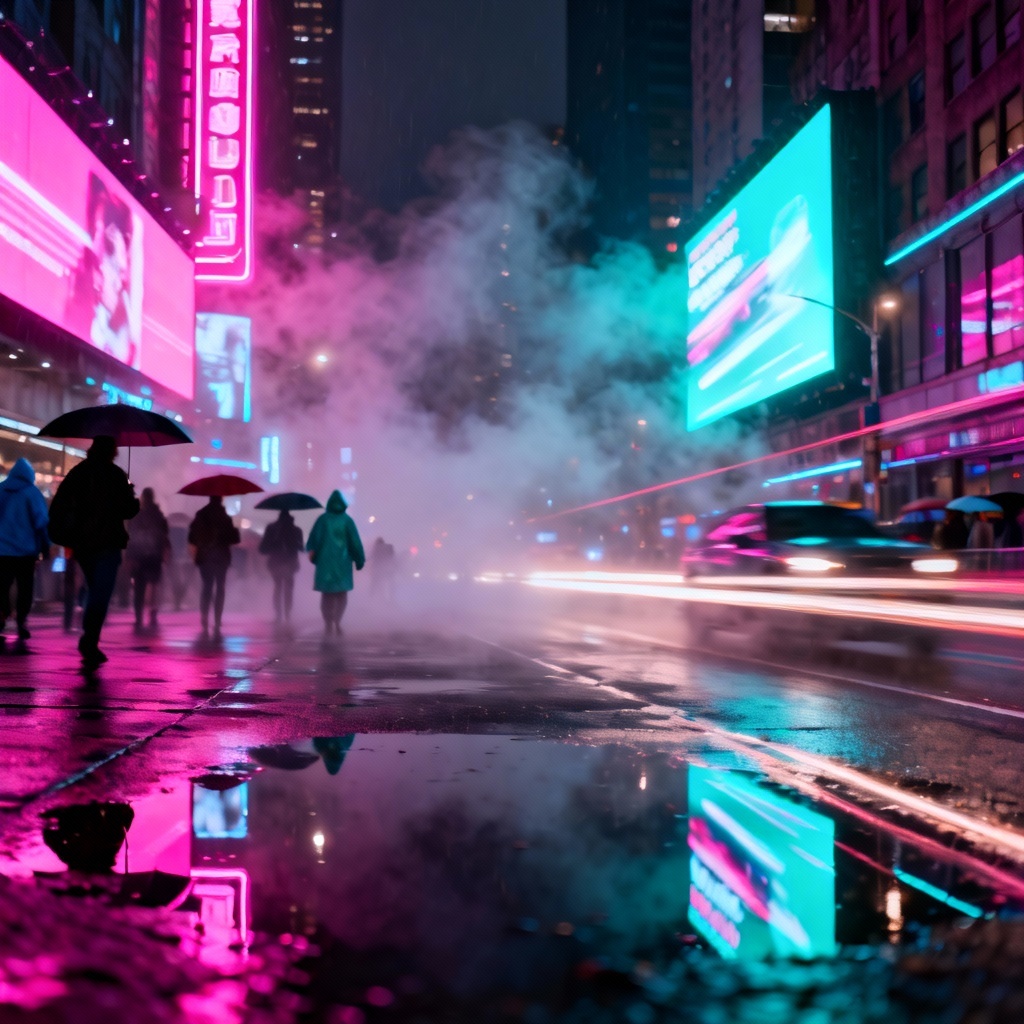 AI city night scene with neon skyline and rain reflections