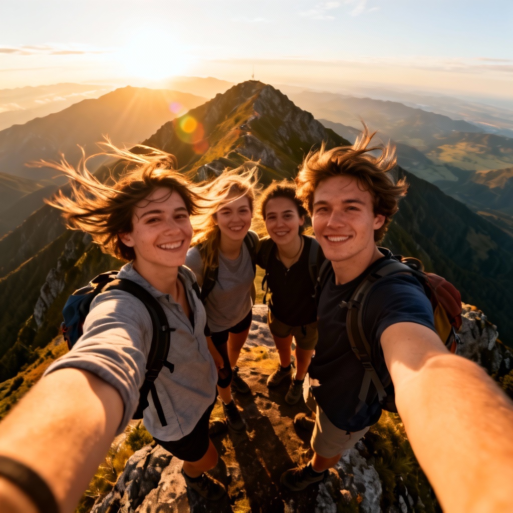 AI photoreal group selfie of friends on a mountain