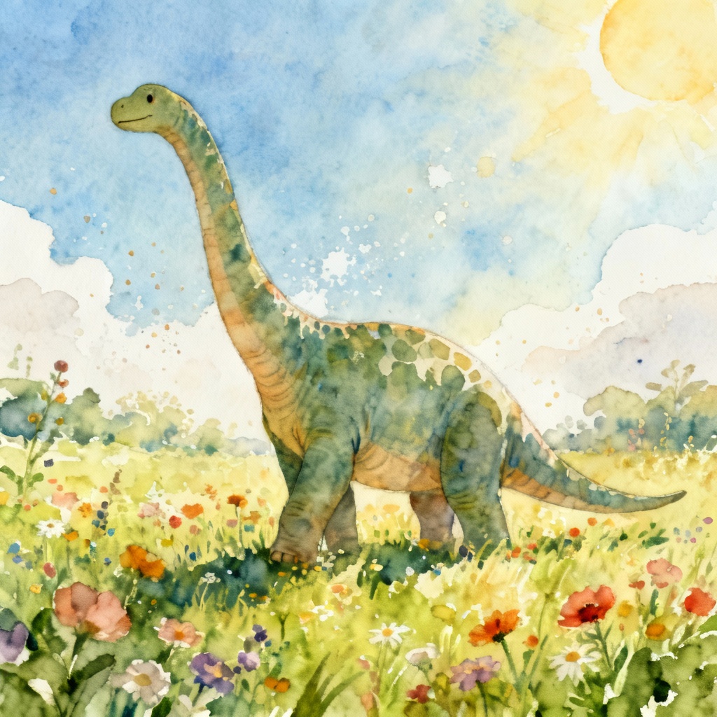 Watercolor brontosaurus grazing in a sunny meadow