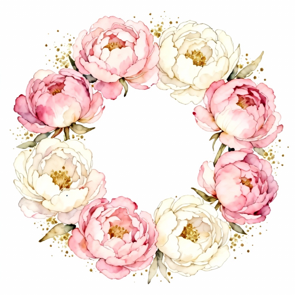 AI watercolor peony wreath clipart with soft pink petals