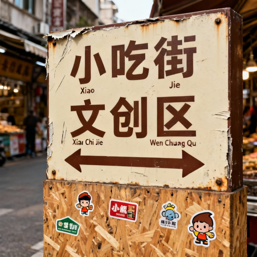 AI Chinese street market wayfinding sign with arrows