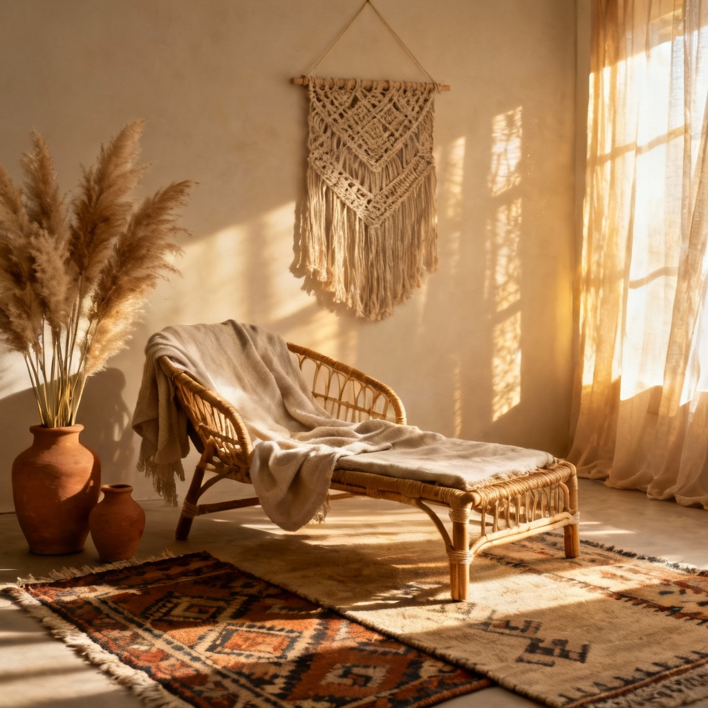 AI Boho Chic studio interior with rattan, macrame, and earthy tones