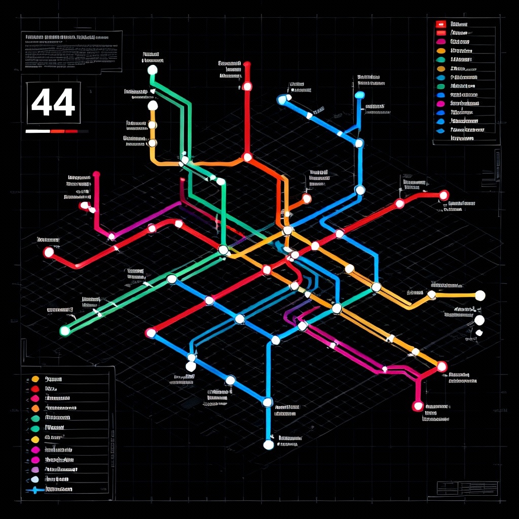 AI isometric metro map blueprint with colored lines and stations