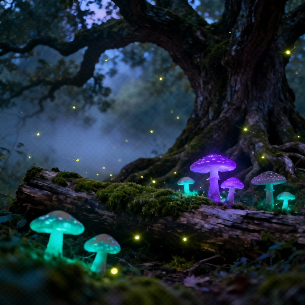 AI enchanted bioluminescent woodland at night
