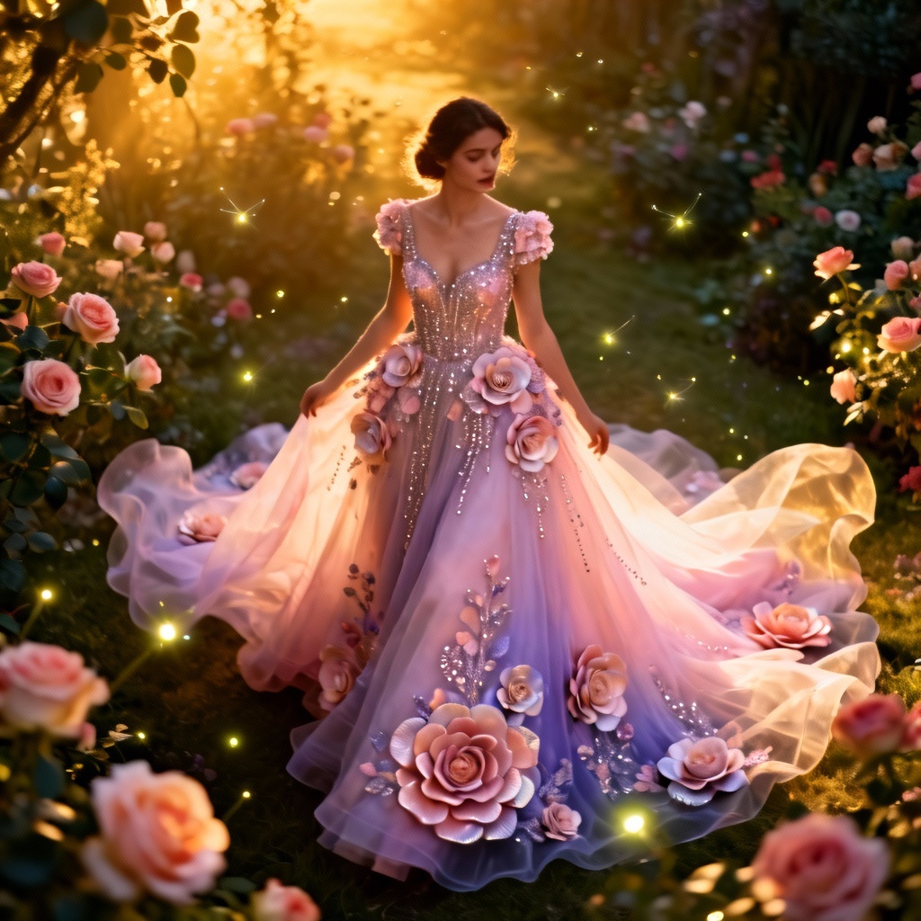 AI fantasy couture gown with floral appliques