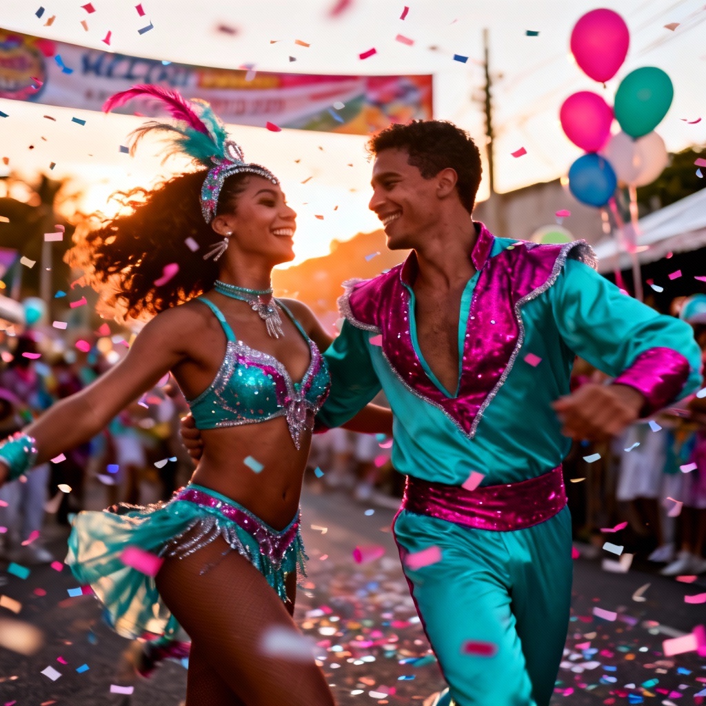 AI samba dancing couple at a street parade
