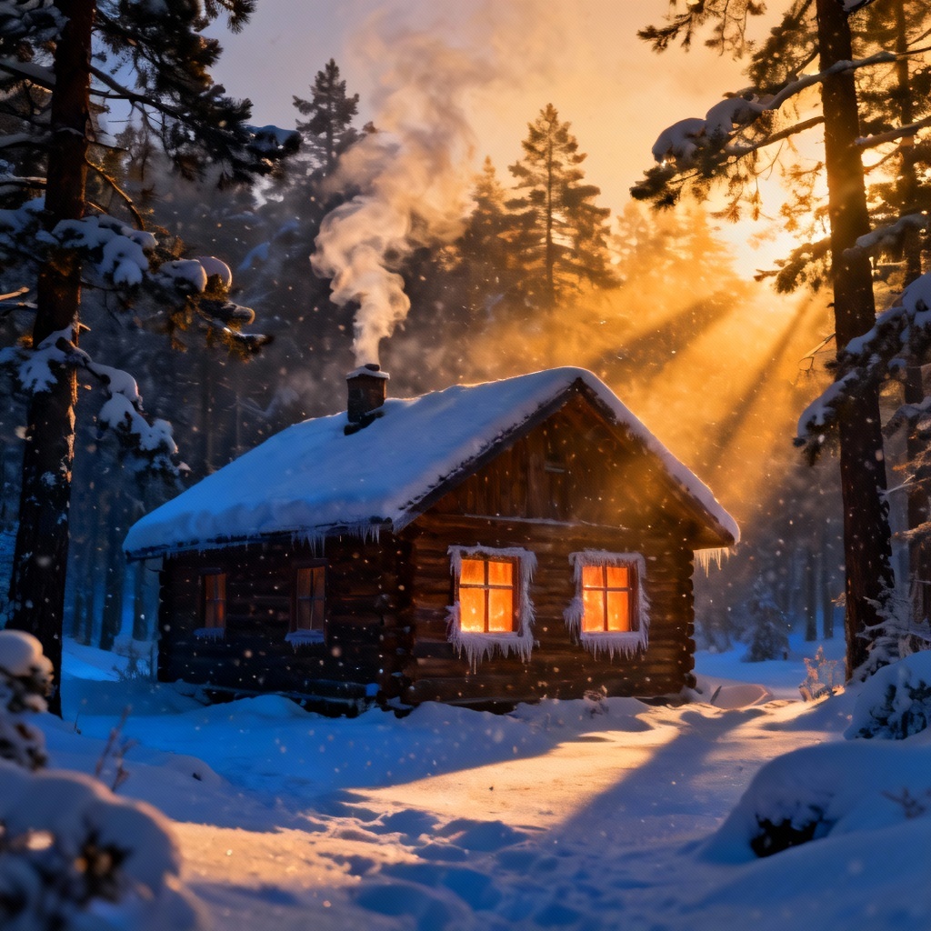 AI snow overlay on cozy cabin in forest