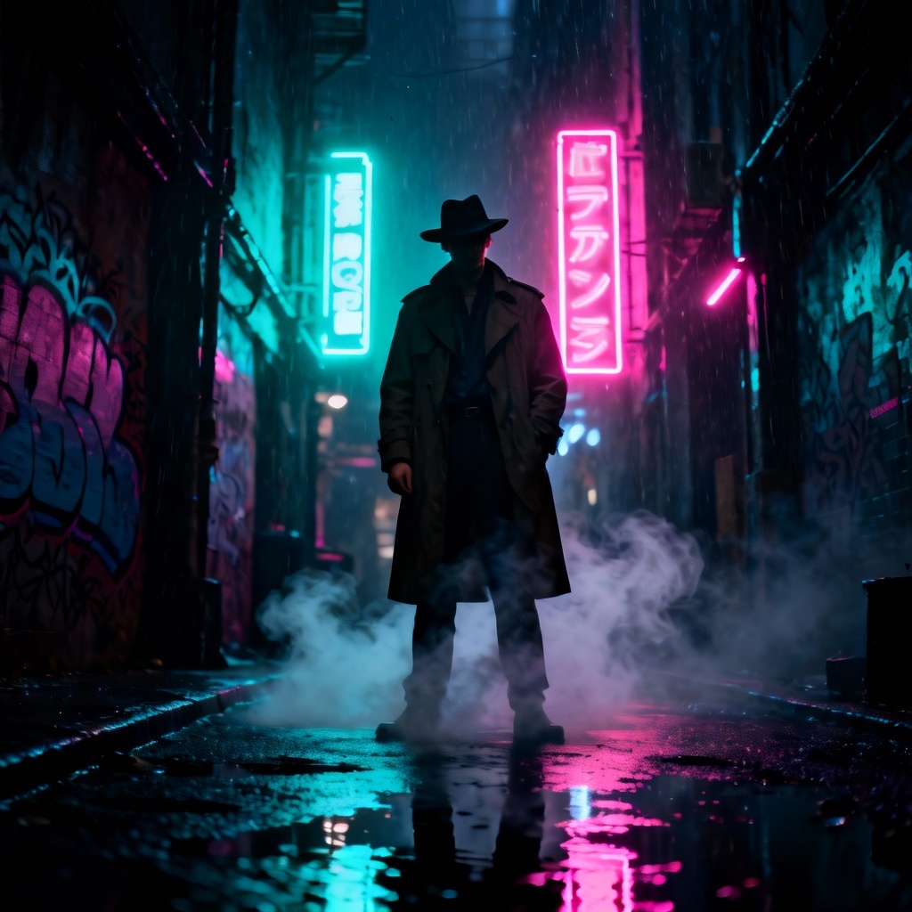 AI dark style neon noir portrait in rain with dramatic lighting