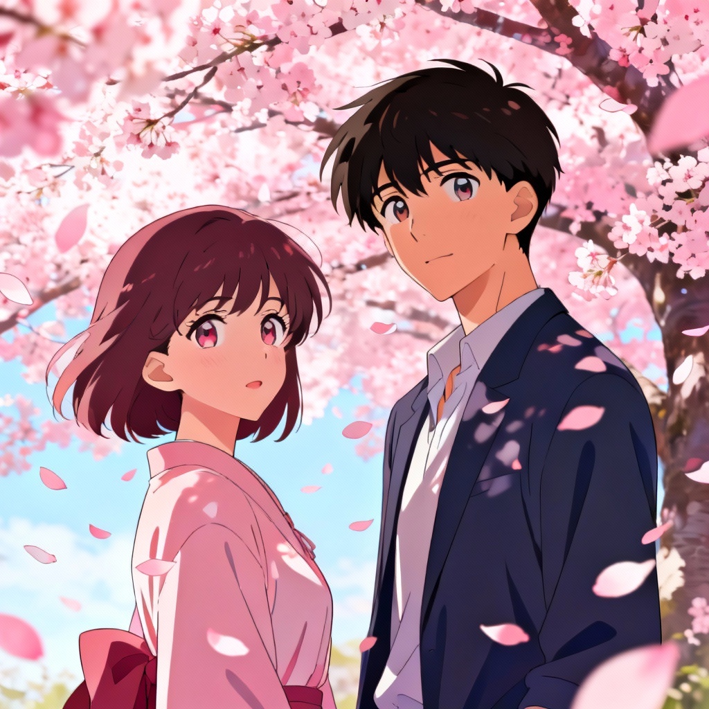 Anime couple under cherry blossoms