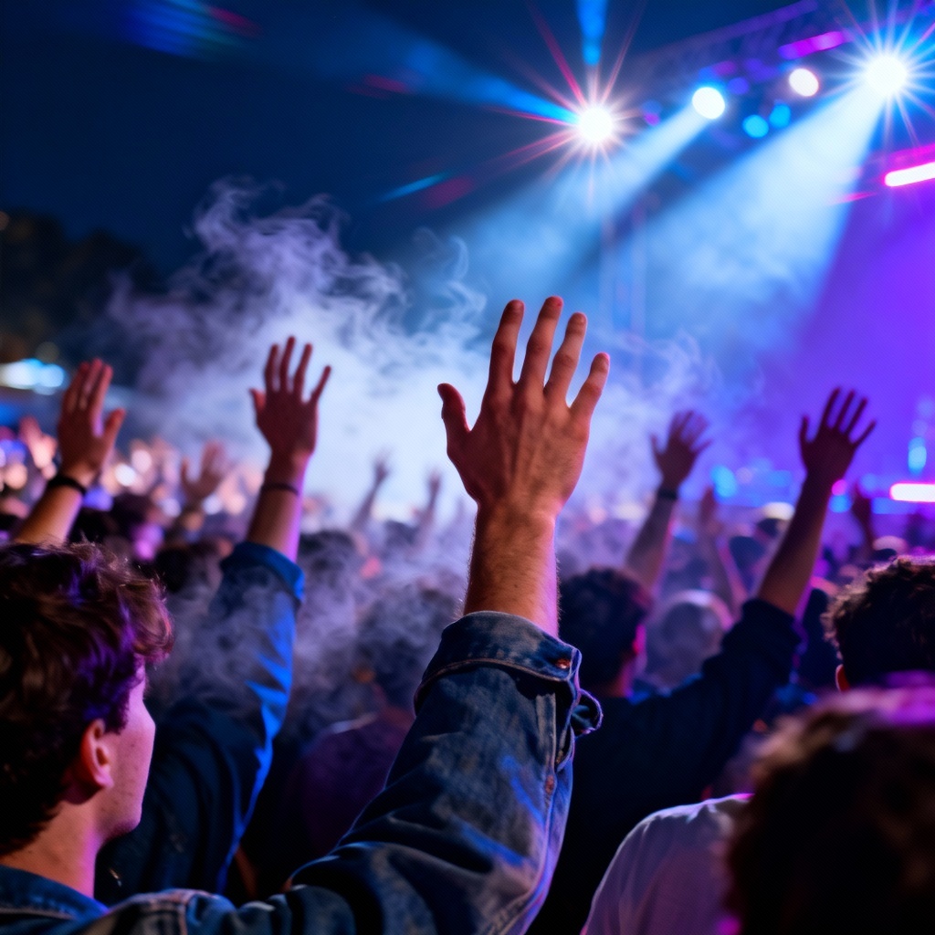 Night concert crowd under bright stage lights
